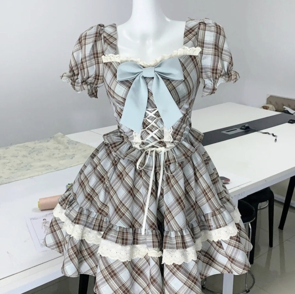 Lolita Plaid Dress with Blue Bow